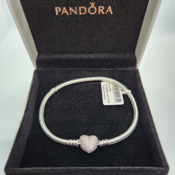 Pandora Moments Sparkling Heart Crown Claps Snake Chain Bracelet Size 7.9 inches - Picture 1 of 9